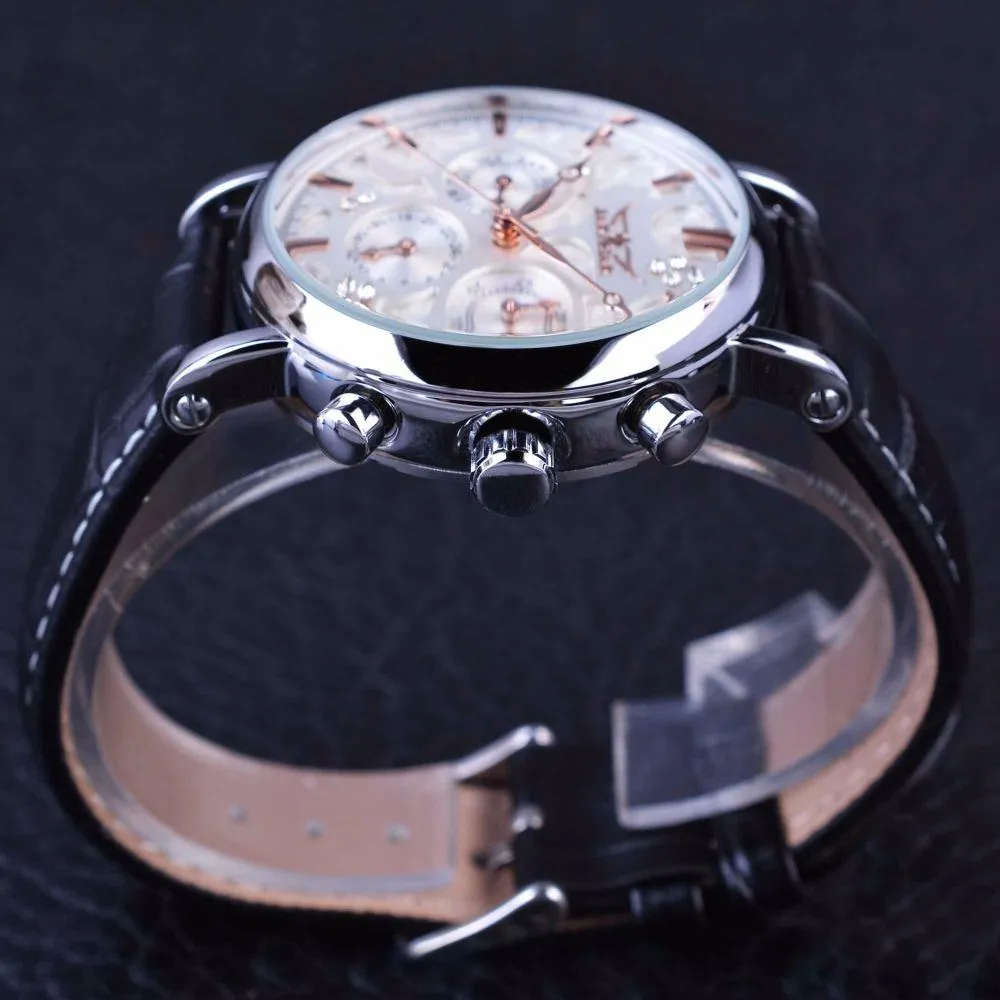 3 Dial Diamond Display Genuine Leather Strap Ripple Design Men's Watches