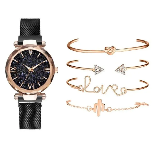 5pcs Set Luxury Women Watches Magnetic Starry Sky Female Clock Quartz Wristwatch Fashion Ladies Wrist Watch relogio feminino