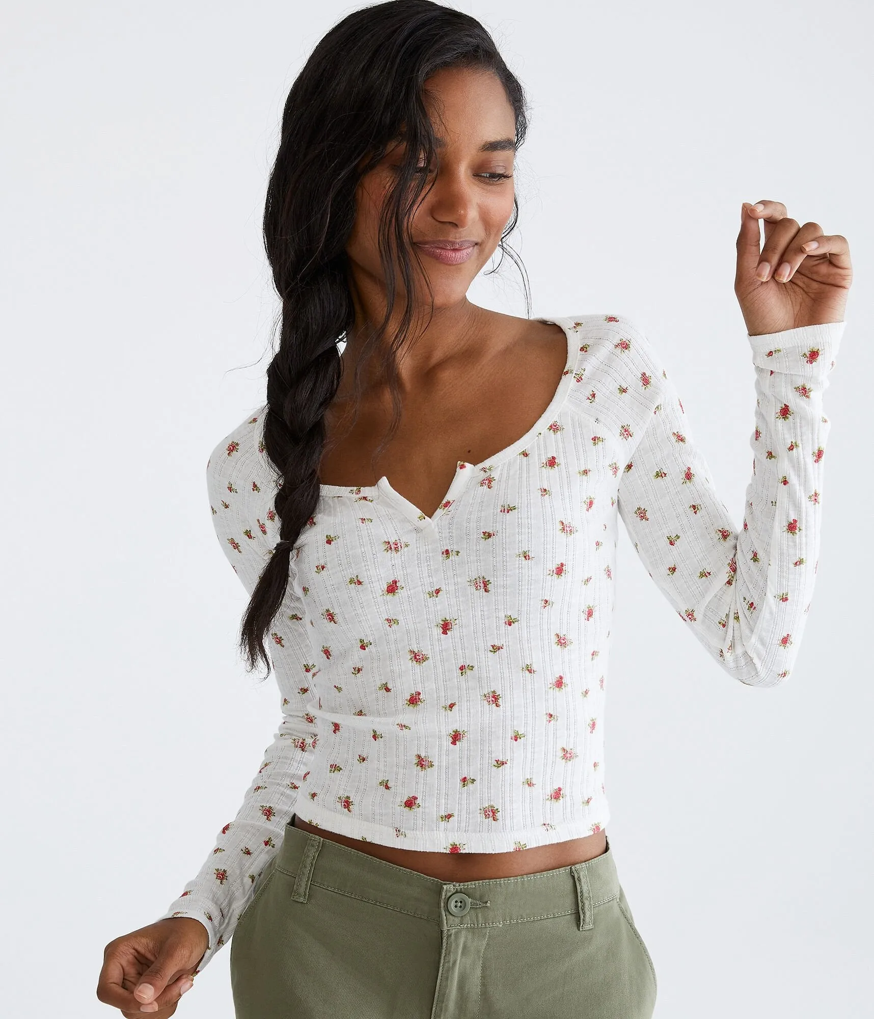 Aeropostale Womens' Long Sleeve Seriously Soft Floral Notch-Neck Shrunken Tee - White - Size M - Cotton - Teen Fashion & Clothing Cream