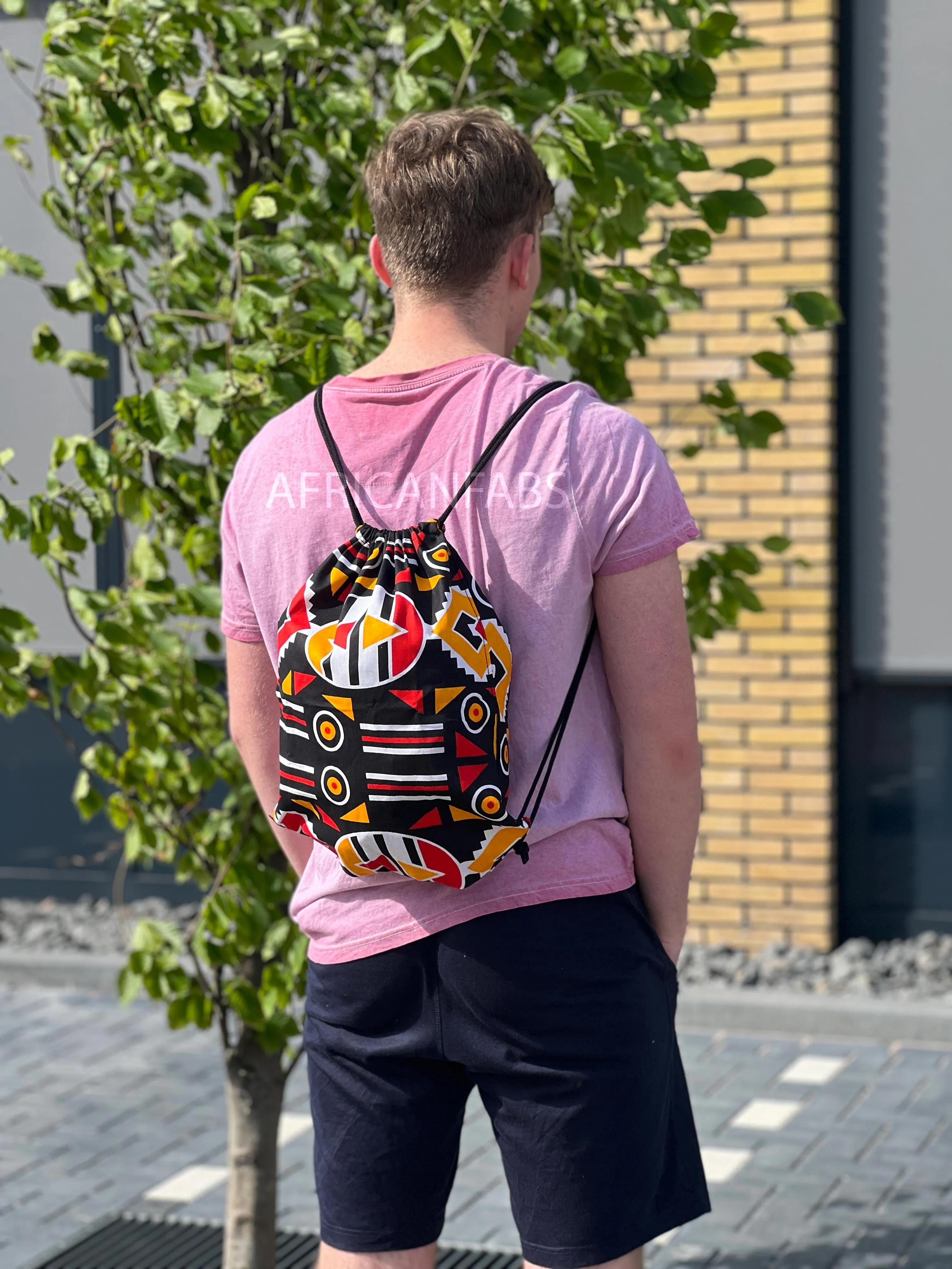 African Print Drawstring Bag / Gym Sack / School bag / Ankara Backpack / Festival Bag - Black / red Bogolan