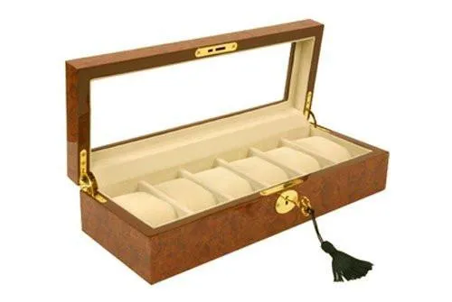 Burlwood Finish Watch Box for 6 Watches-Red Orange all