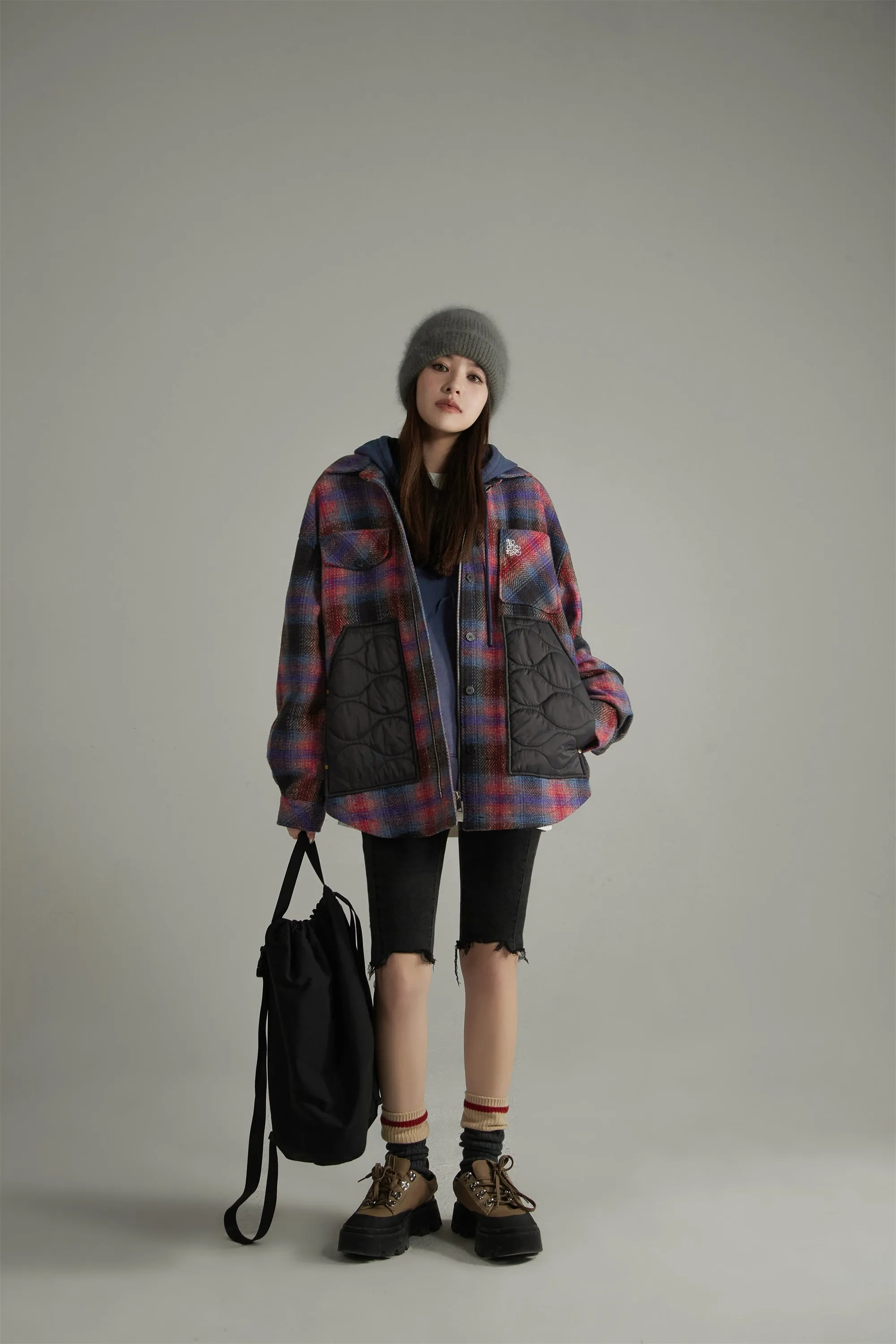 Color Block Check Loose Fit Coat