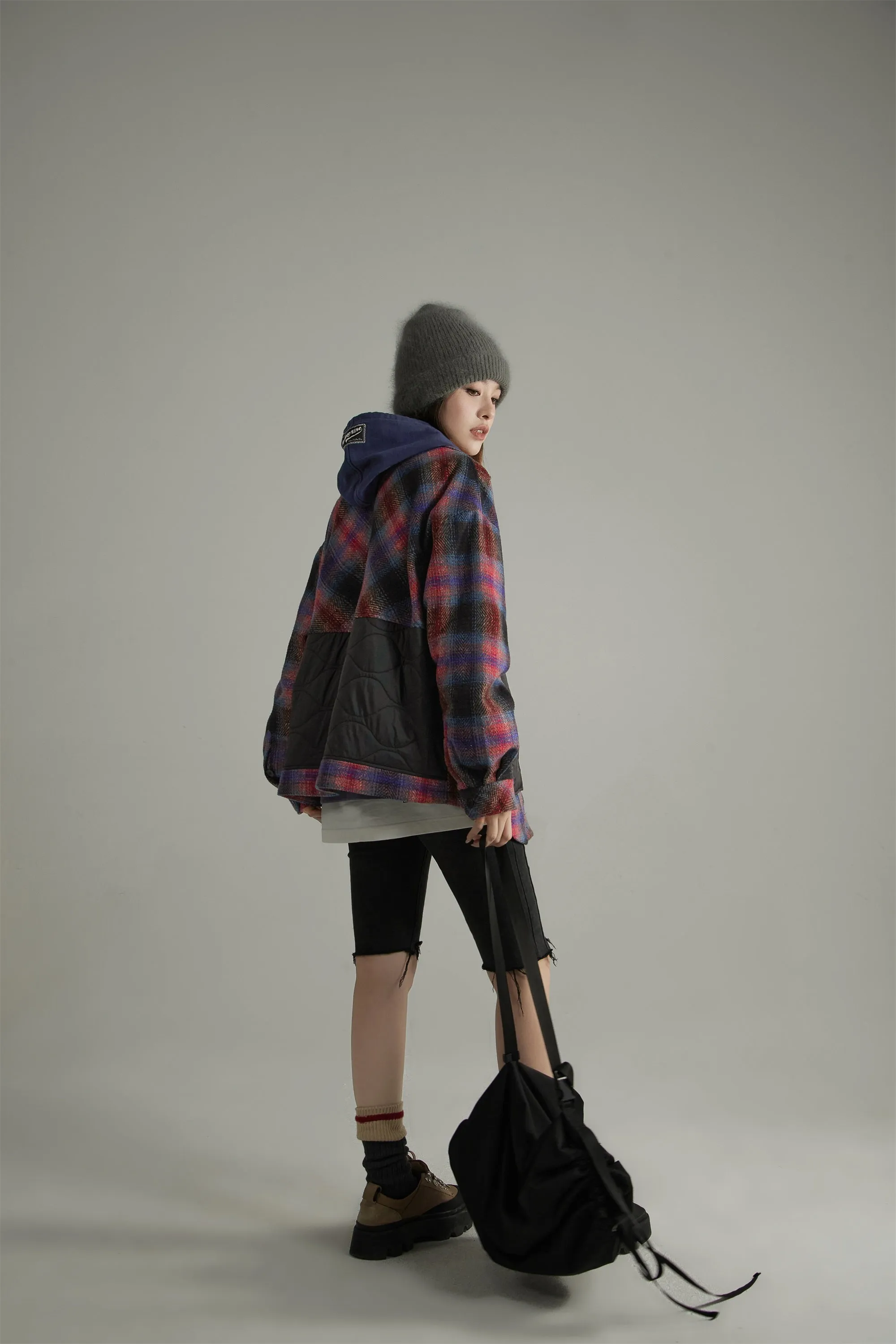 Color Block Check Loose Fit Coat