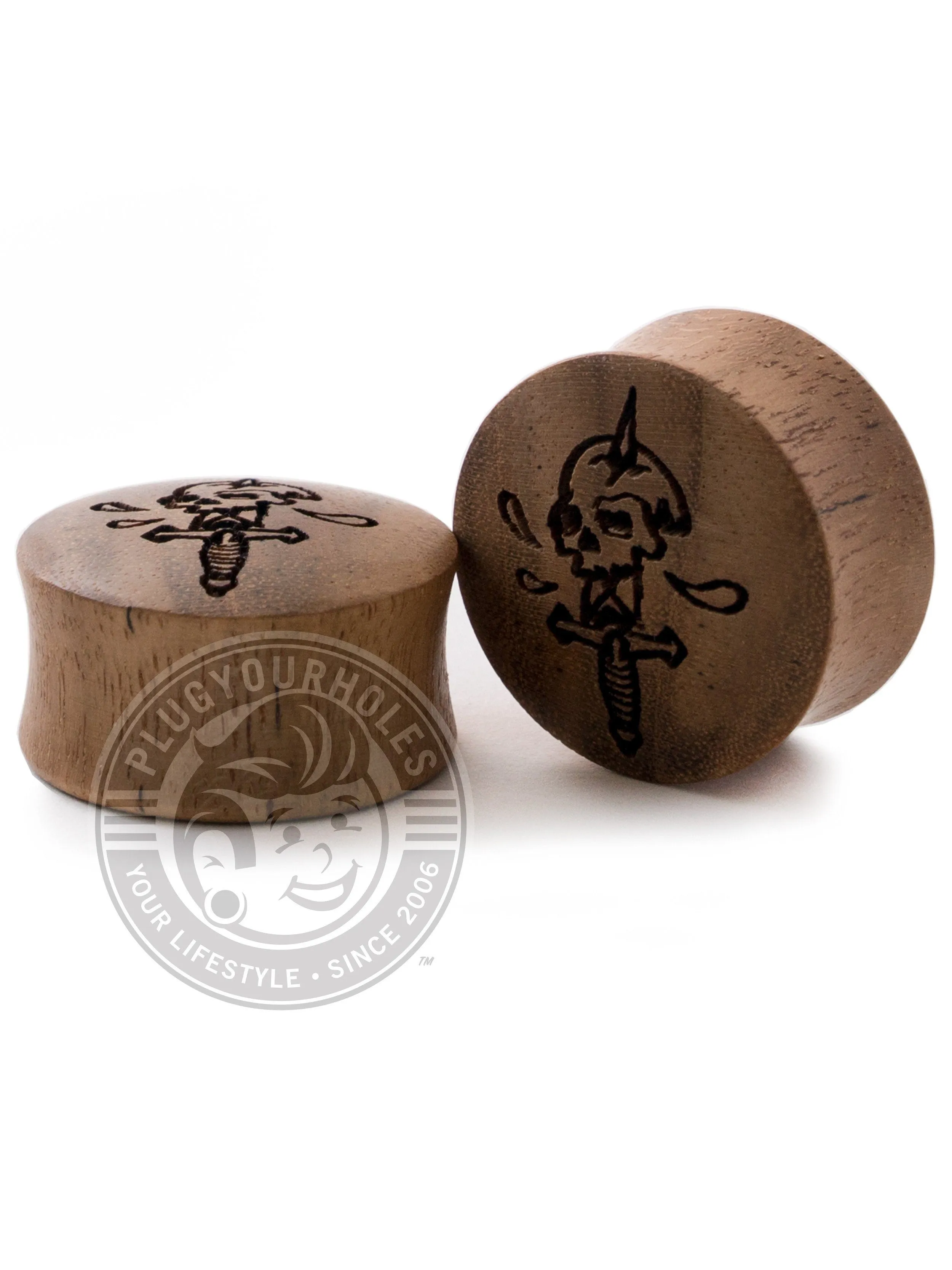 Dagger Skull Tattoo Flash Engraved Wood Plugs