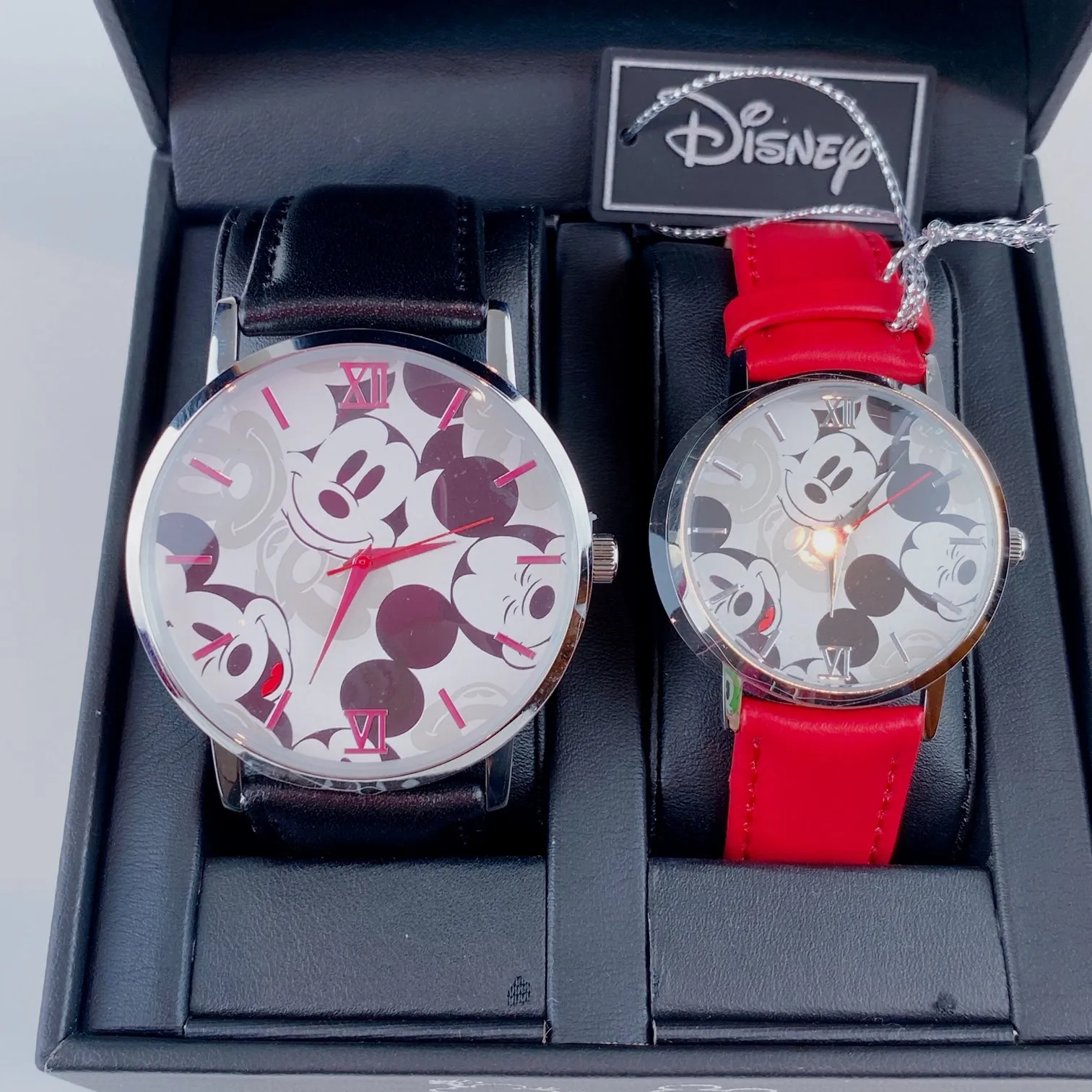 Disney Mickey & Minnie Mouse Watch for Couple His and Hers Red & Black Leather Strap Watches Box Set