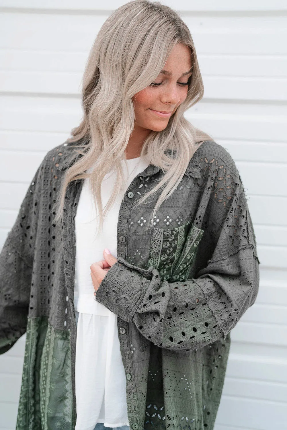 Duffel Green Eyelet Pattern Patchwork Oversized Button Up Shacket