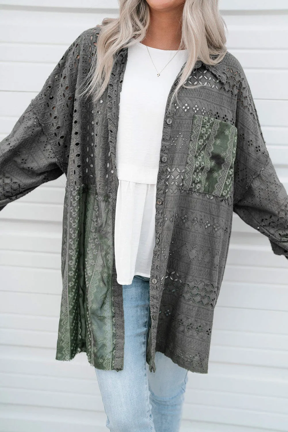 Duffel Green Eyelet Pattern Patchwork Oversized Button Up Shacket