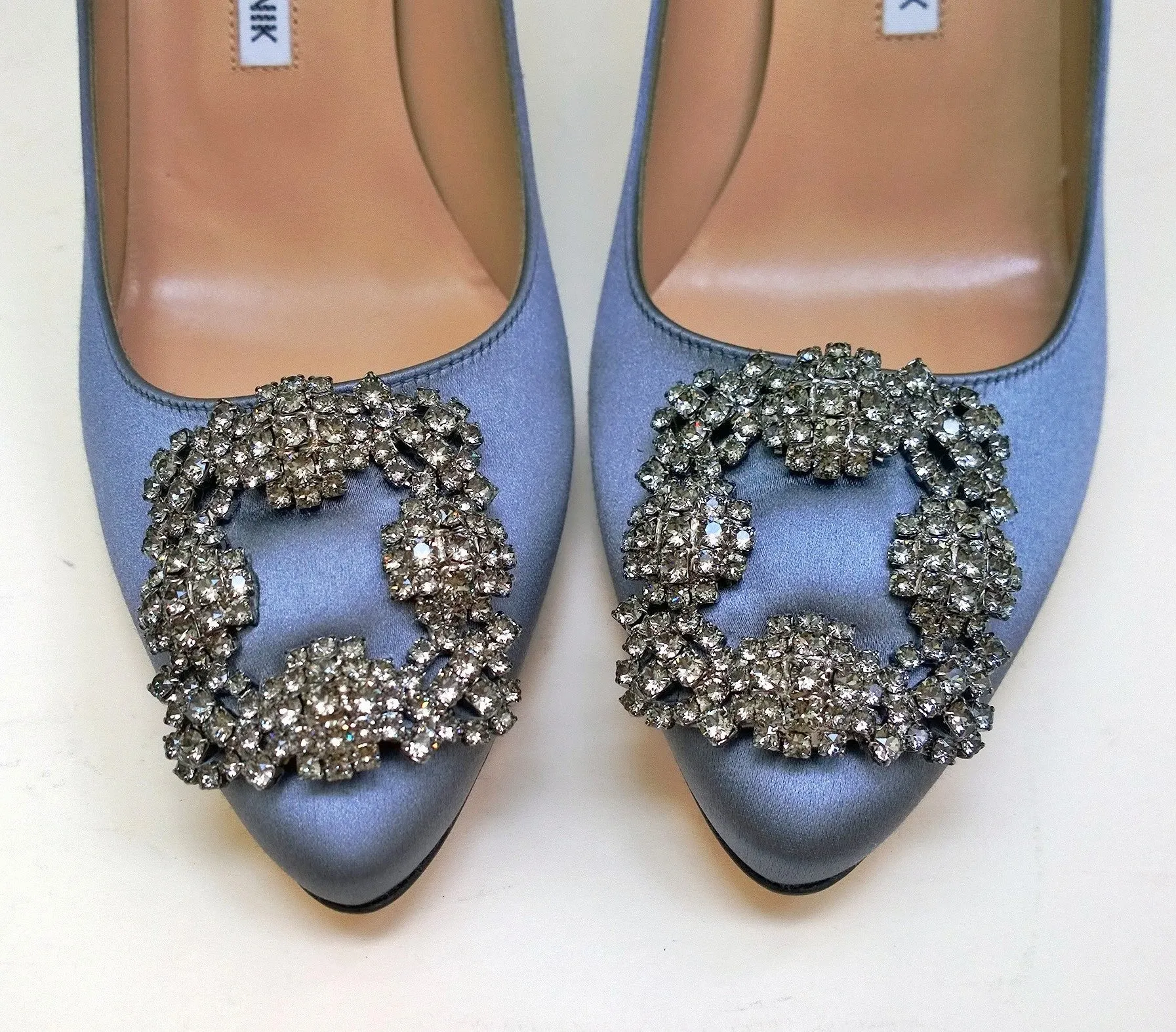 Manolo Blahnik Grey Satin Hangisi Rhinestone Buckle Heels New in Box Shoes