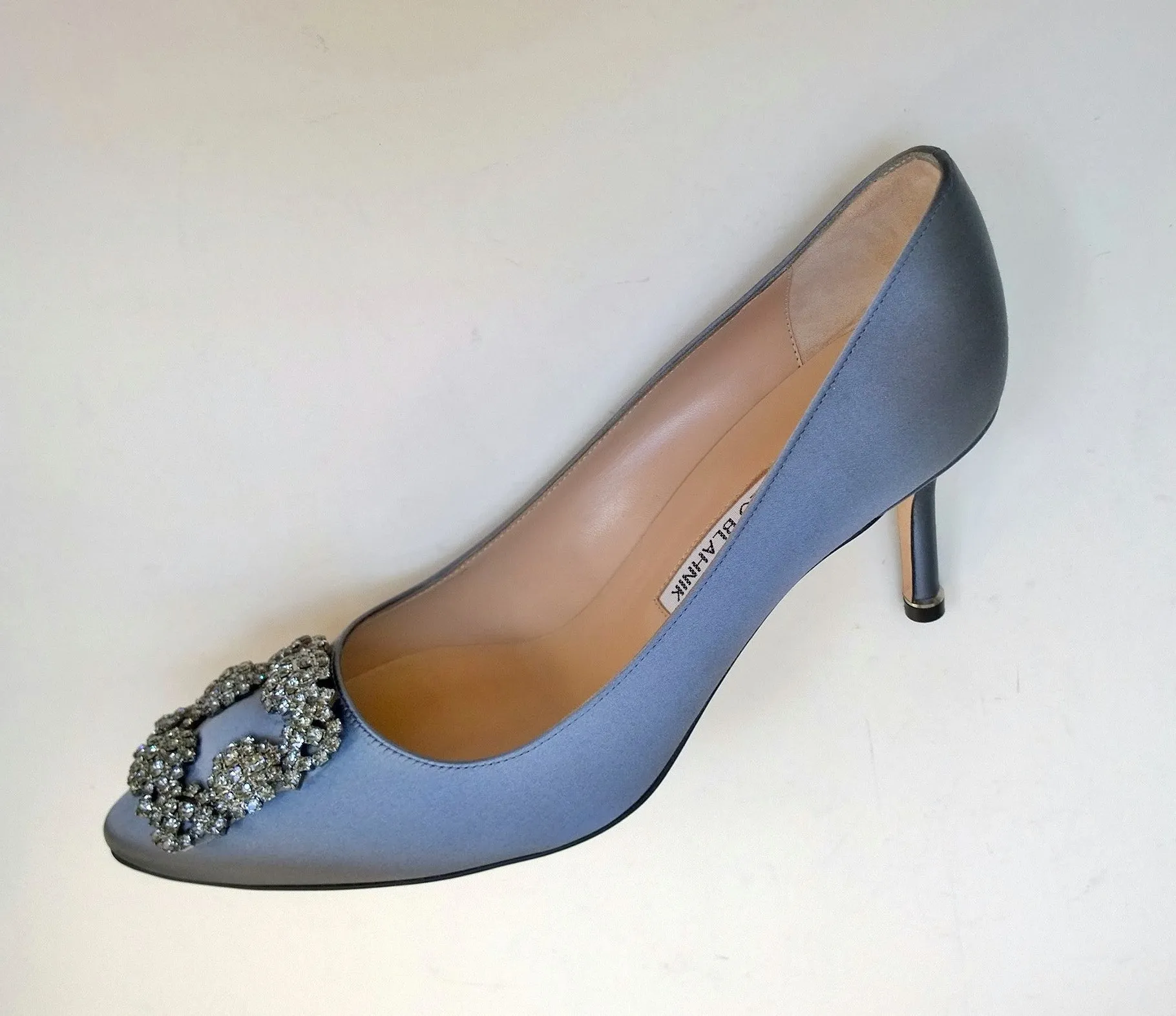 Manolo Blahnik Grey Satin Hangisi Rhinestone Buckle Heels New in Box Shoes