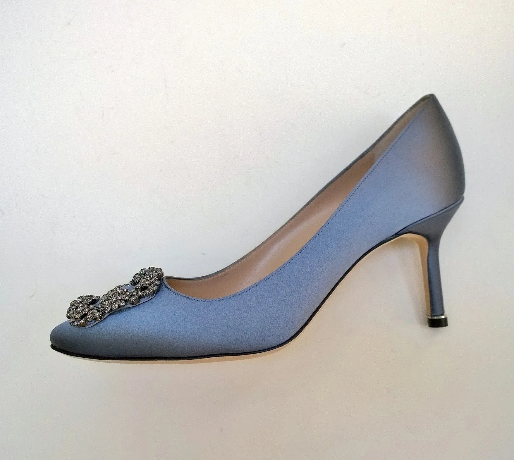 Manolo Blahnik Grey Satin Hangisi Rhinestone Buckle Heels New in Box Shoes