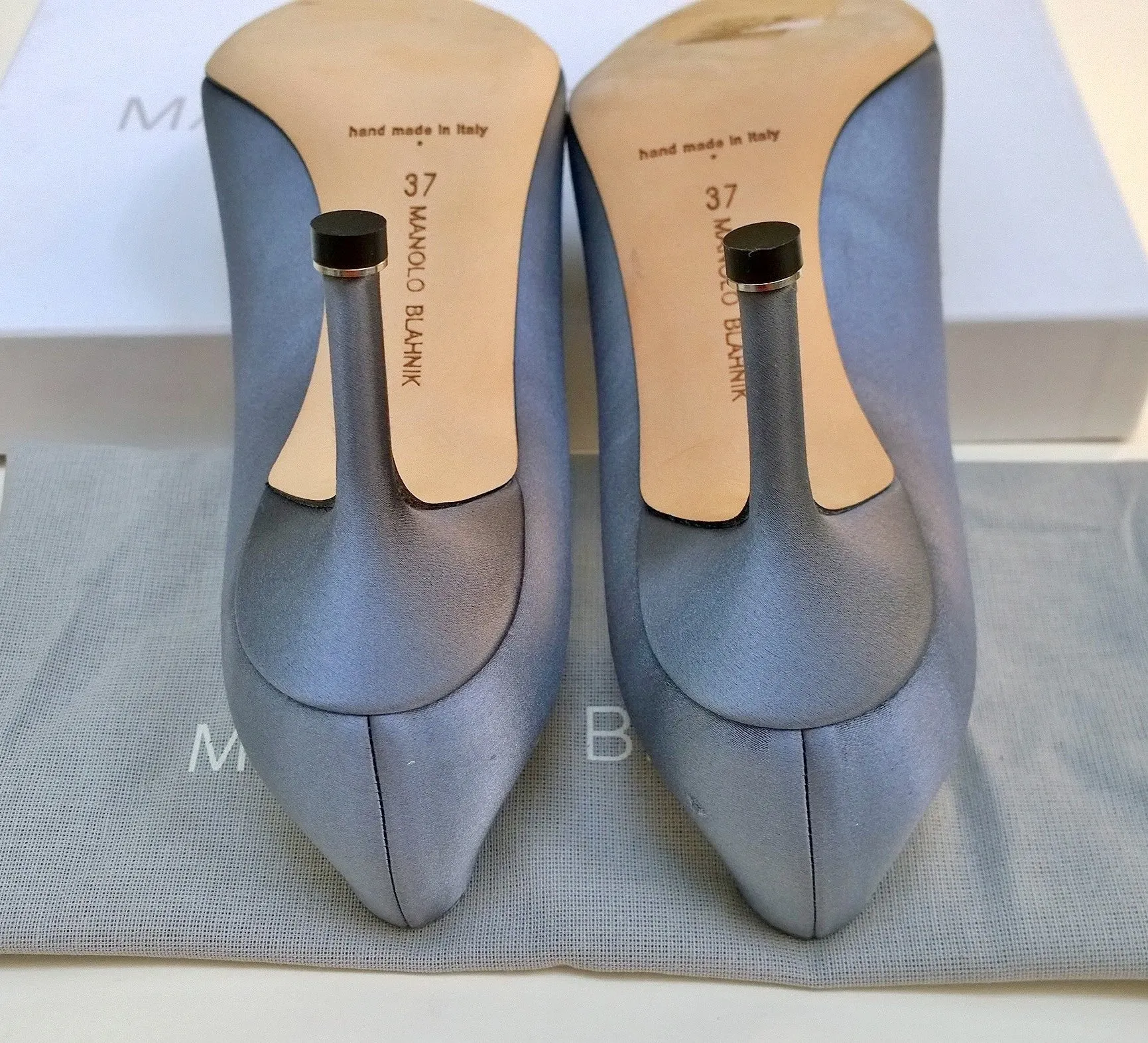 Manolo Blahnik Grey Satin Hangisi Rhinestone Buckle Heels New in Box Shoes