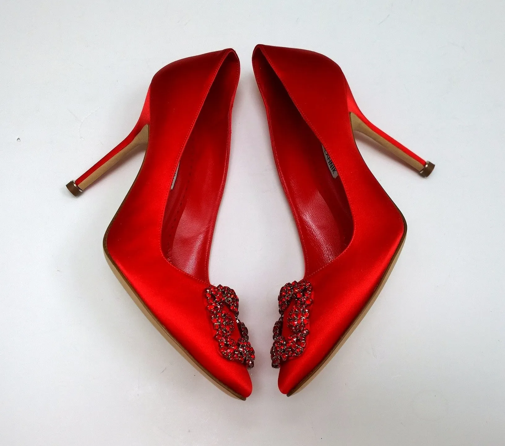 Manolo Blahnik Hangisi 105 Red Satin Heels with Red Rhinestone Buckle Shoes