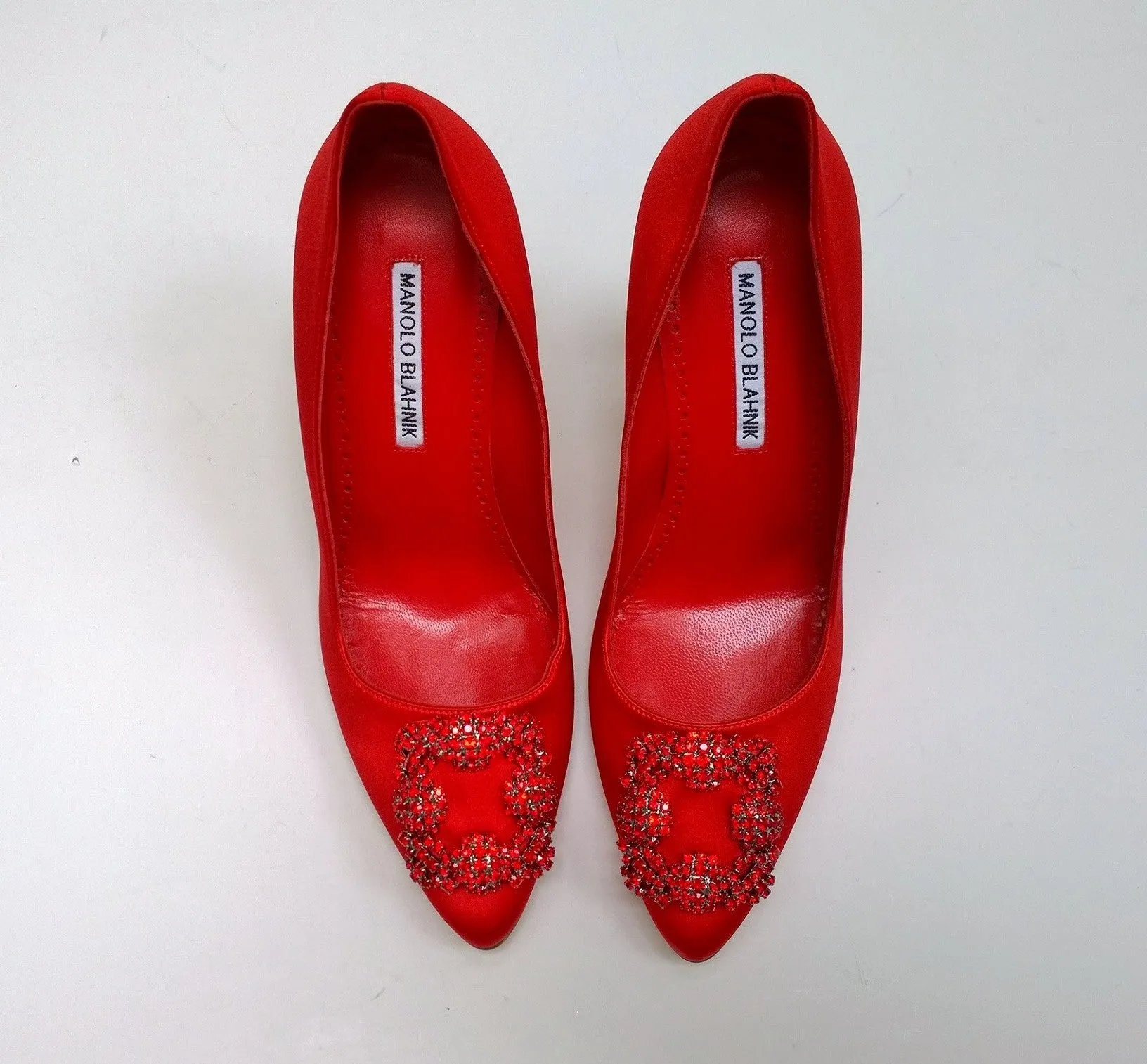 Manolo Blahnik Hangisi 105 Red Satin Heels with Red Rhinestone Buckle Shoes