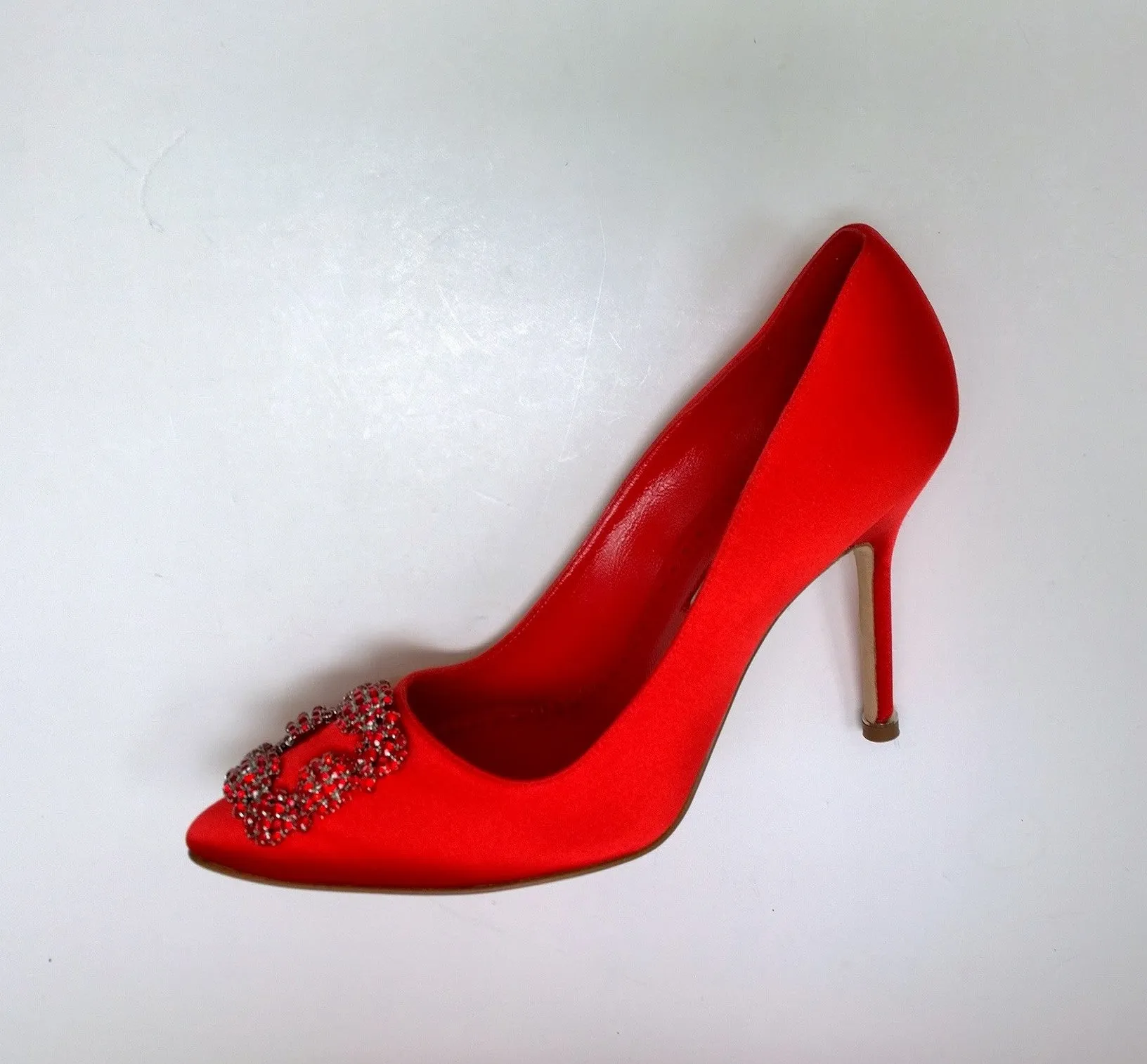 Manolo Blahnik Hangisi 105 Red Satin Heels with Red Rhinestone Buckle Shoes