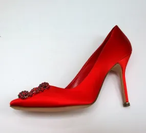 Manolo Blahnik Hangisi 105 Red Satin Heels with Red Rhinestone Buckle Shoes