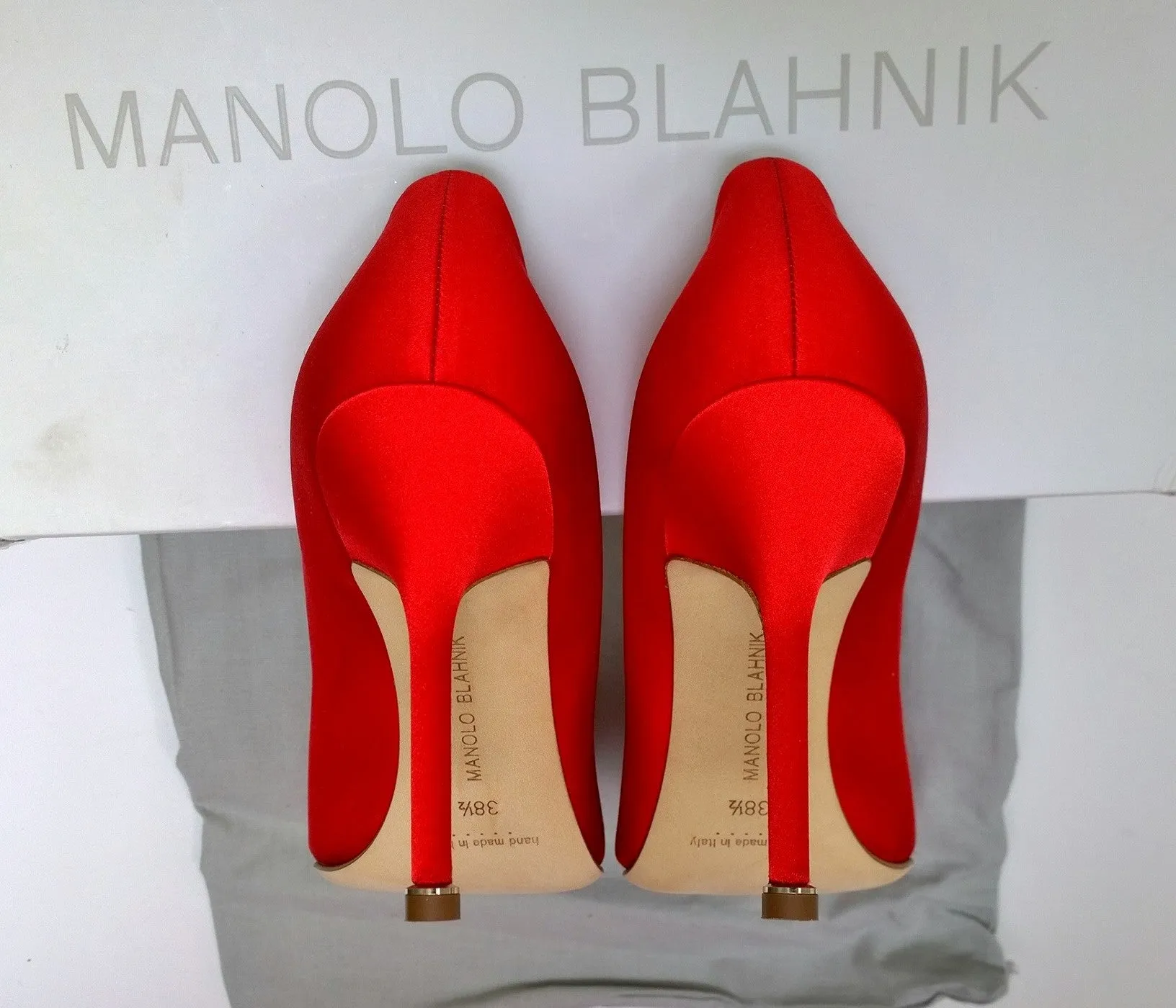 Manolo Blahnik Hangisi 105 Red Satin Heels with Red Rhinestone Buckle Shoes