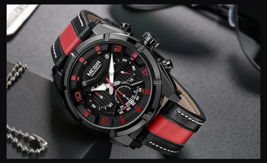 MEGIR Endurance Chronograph Sport Watch Men Quartz Wristwatches Clock Fashion Leather Army Military Watches Hour Time Relogio Masculino