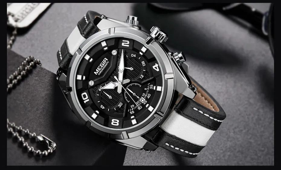 MEGIR Endurance Chronograph Sport Watch Men Quartz Wristwatches Clock Fashion Leather Army Military Watches Hour Time Relogio Masculino