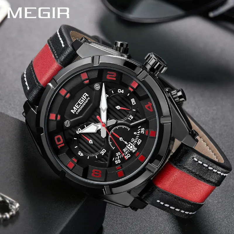 MEGIR Endurance Chronograph Sport Watch Men Quartz Wristwatches Clock Fashion Leather Army Military Watches Hour Time Relogio Masculino