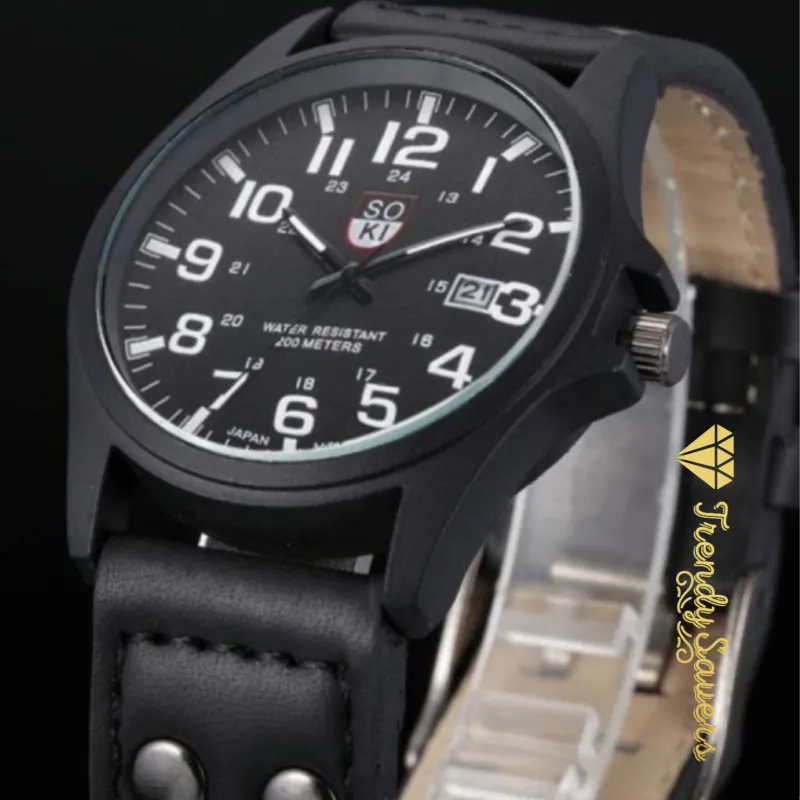 Men’s Military Leather Date Quartz Analog Army Casual Dress Wrist Watches