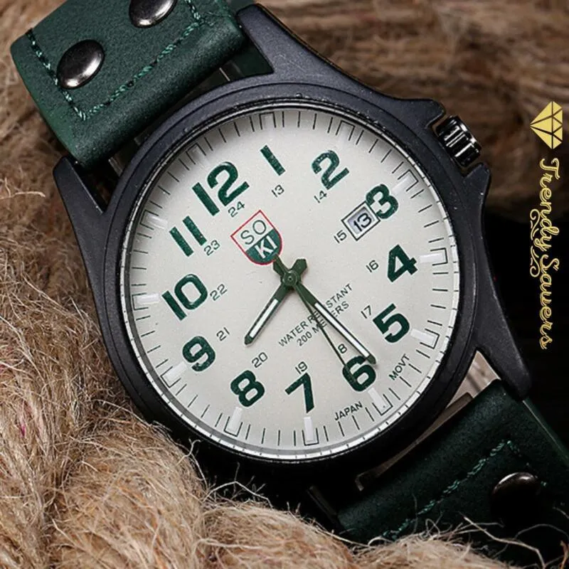 Men’s Military Leather Date Quartz Analog Army Casual Dress Wrist Watches