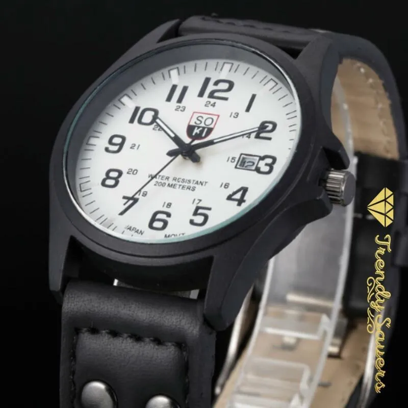 Men’s Military Leather Date Quartz Analog Army Casual Dress Wrist Watches