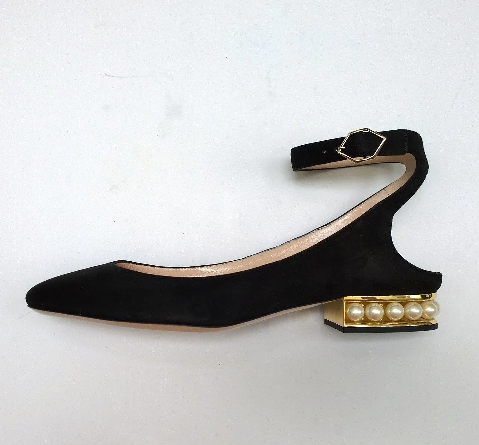 Nicholas Kirkwood Casati Pearl Black Suede Ankle Strap Shoes Flats