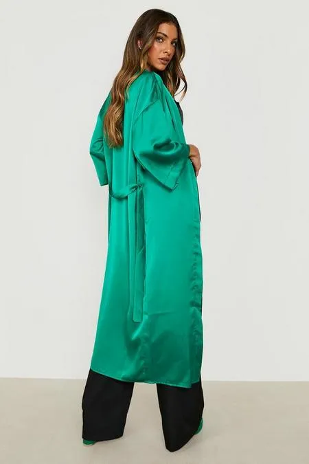 Satin belted kimono in Green