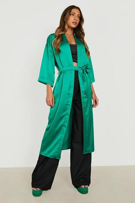 Satin belted kimono in Green